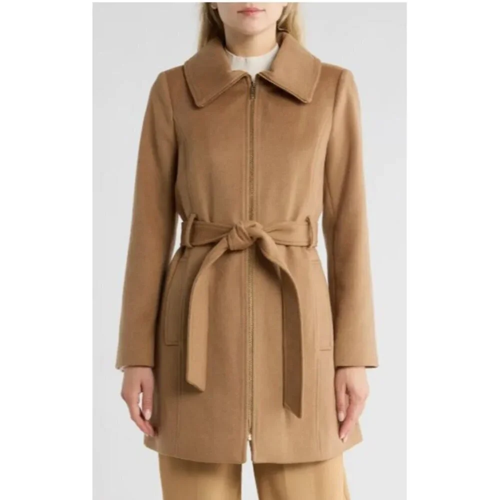 Michael Kors Womens Carmel Full Zip Wool Blend Belted Mid Length Coat Sz XL New